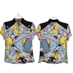 Jamie Sadock Blue Yellow Black Pink Abstract Short Sleeve Activewear Top Shirt S